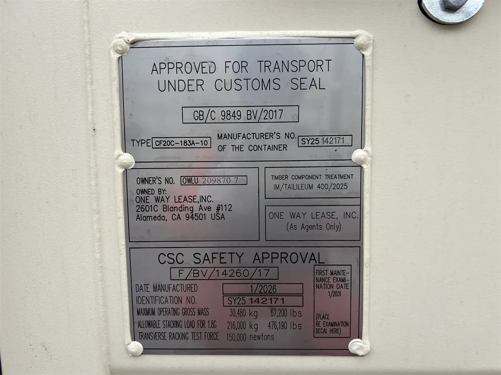 CSC safety approval plate showing the container’s owner number, manufacture date and type-approval details