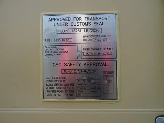 CSC safety approval plate showing the container’s owner number, manufacture date and type-approval details