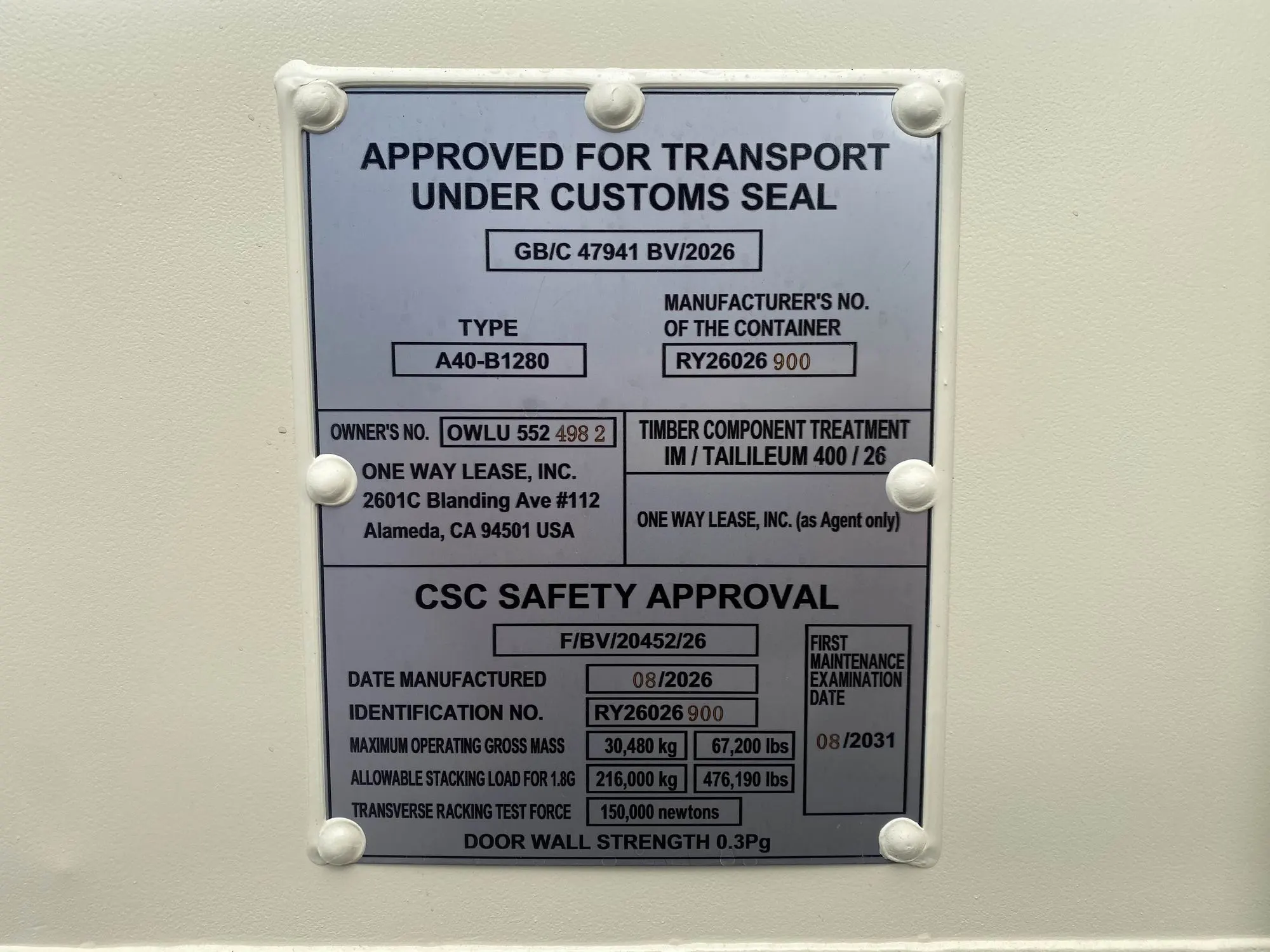 CSC safety approval plate showing the owner number, manufacture date and Bureau Veritas approval reference