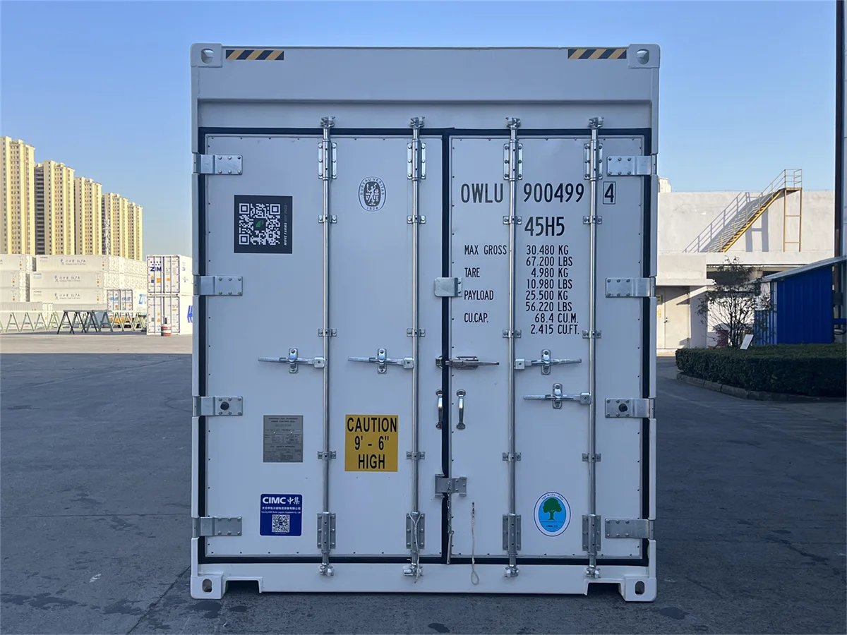 40-foot high-cube 45H5 reefer-class container, rear doors with OWLU prefix, type code, and operational spec stencils